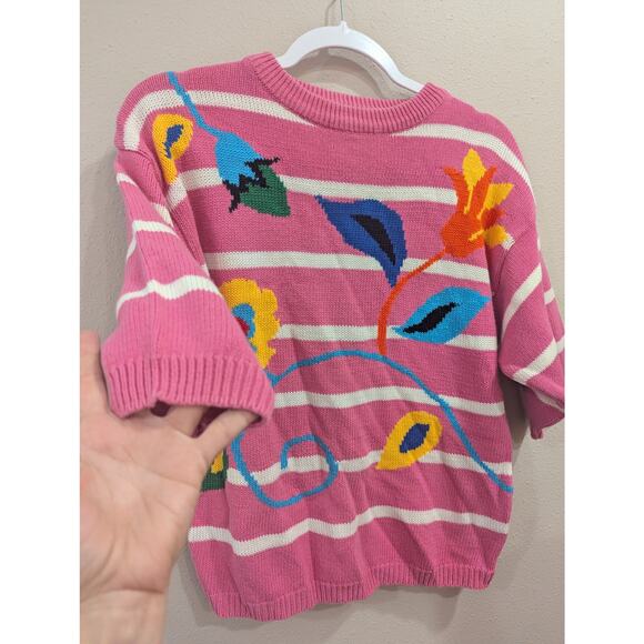 VINTAGE 1980s Short sleeve pink & white striped sweater w/floral graphic knit S - Picture 2 of 8